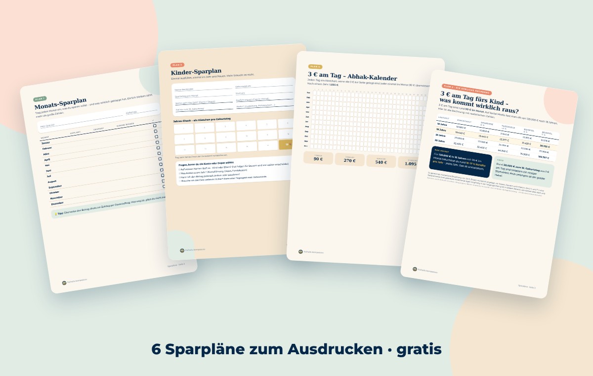 Vorschau der kostenlosen Sparpläne: Monats-Sparplan, Kinder-Sparplan, Abhak-Kalender, 3-€-Rechnung